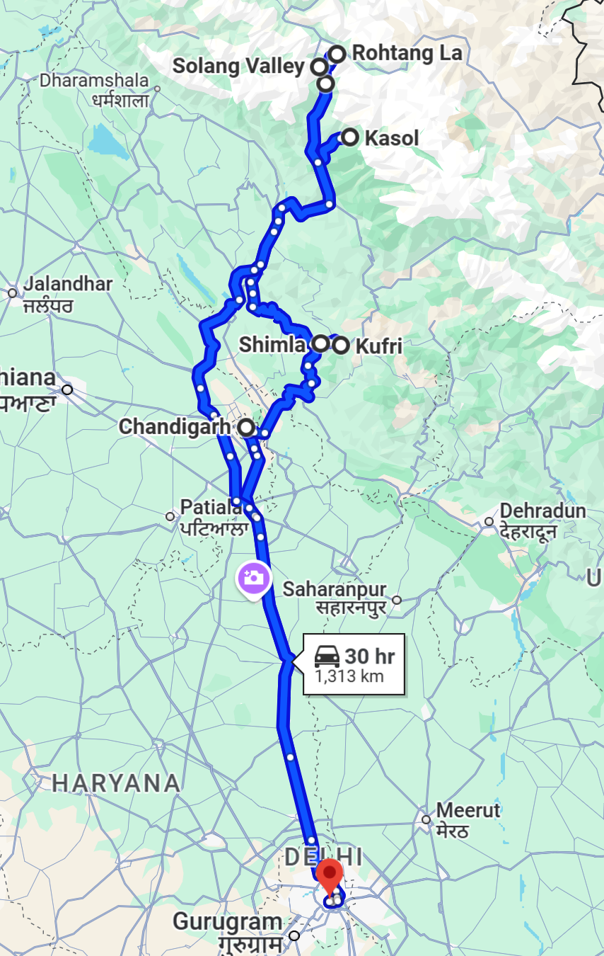 Shimla kasol Manali Tour Route