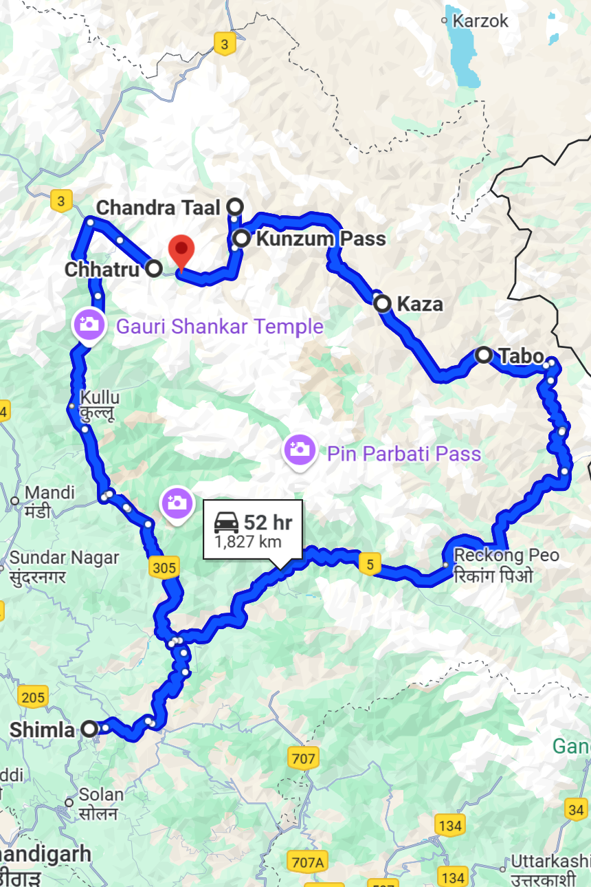 Spiti Kaza Tour Route